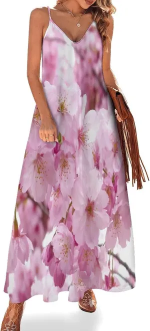 Cherry Blossoms Dresses for Women Sleeveless Maxi Long Dress Trendy Clothes Party Outfits