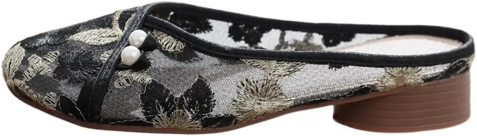 Chinese Slippers for Women Embroidered Mules Mesh Pearl Slip on - Retro Trendy Cute Casual Comfortable Walking Beach Travel Lightweight Running Standing All Day Business Office Driving Birthday Gifts