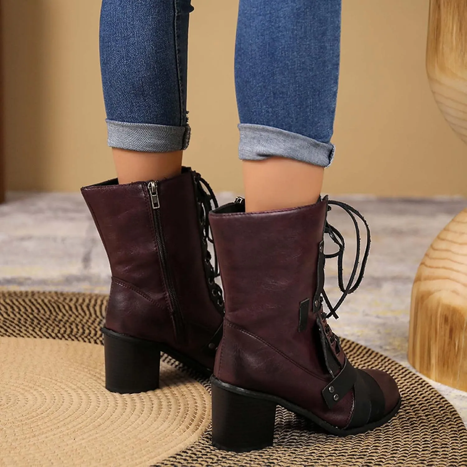 Chunky Boots for Women Mid Calf Winter Vintage Pointed Toe Cross Lace Up Zipper Block Mid Heel Boots Retro Splicing Casual Ladies Shoes