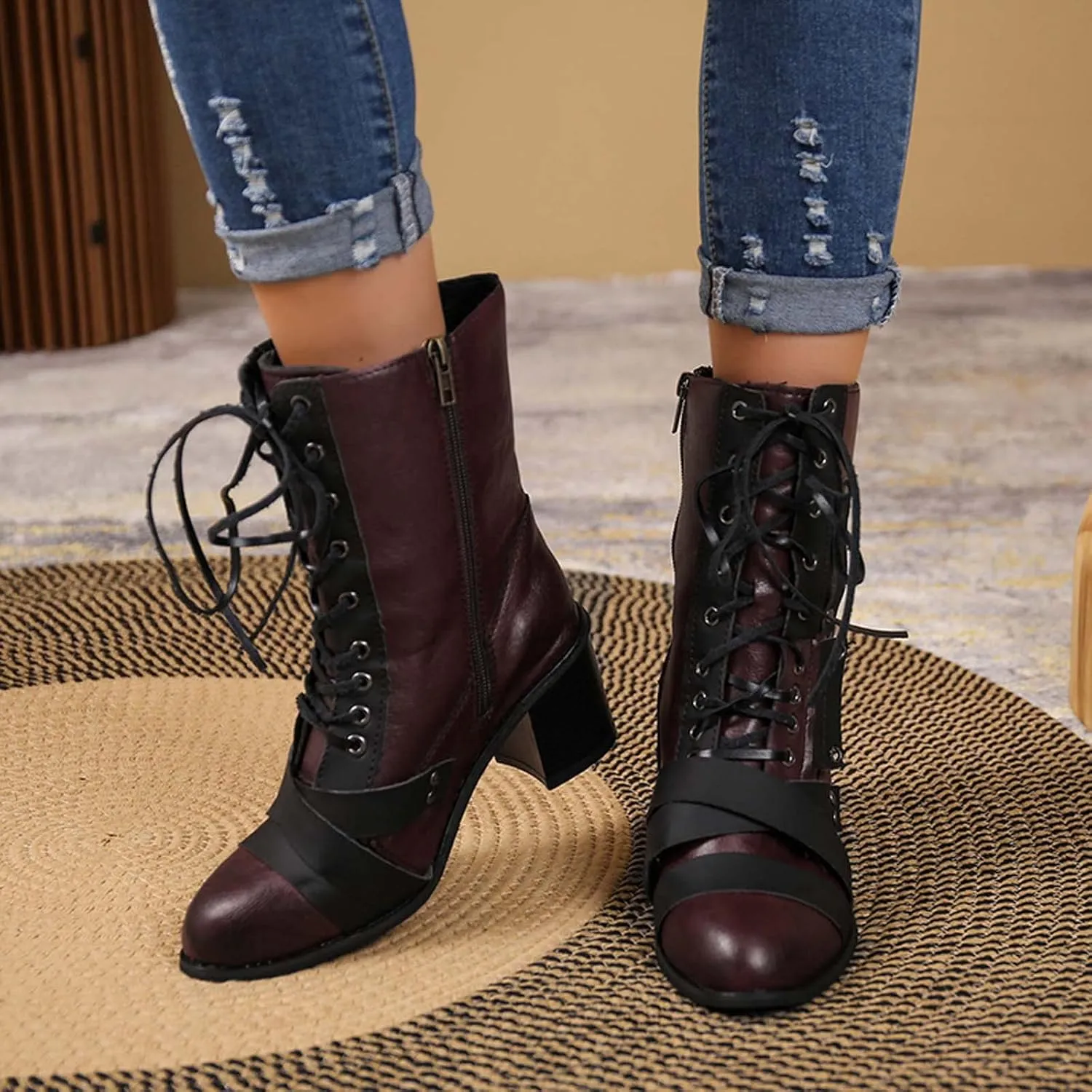 Chunky Boots for Women Mid Calf Winter Vintage Pointed Toe Cross Lace Up Zipper Block Mid Heel Boots Retro Splicing Casual Ladies Shoes