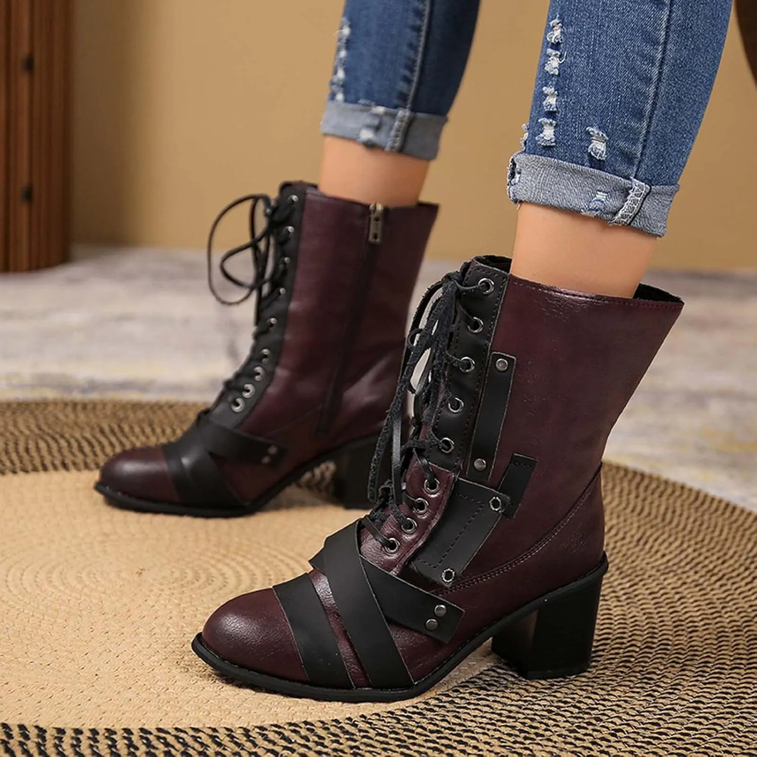 Chunky Boots for Women Mid Calf Winter Vintage Pointed Toe Cross Lace Up Zipper Block Mid Heel Boots Retro Splicing Casual Ladies Shoes