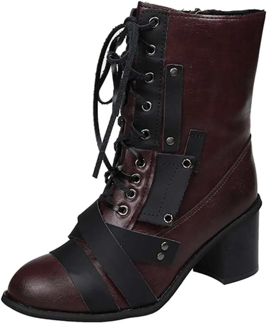 Chunky Boots for Women Mid Calf Winter Vintage Pointed Toe Cross Lace Up Zipper Block Mid Heel Boots Retro Splicing Casual Ladies Shoes