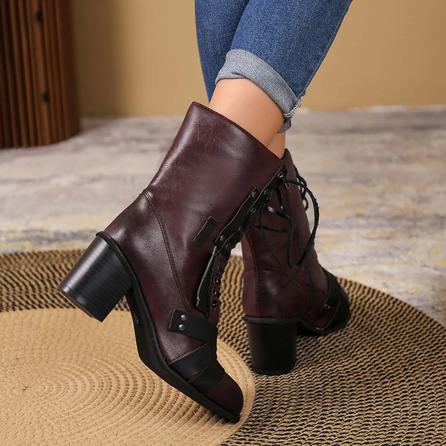 Chunky Boots for Women Mid Calf Winter Vintage Pointed Toe Cross Lace Up Zipper Block Mid Heel Boots Retro Splicing Casual Ladies Shoes