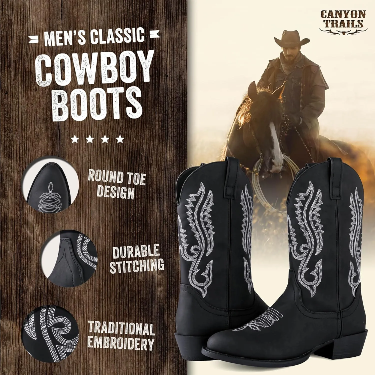 Classic Cowboy Boots for Men - Footwear with Traditional Round Toe Men's Western Boots with Embroidery - Outdoor Water Repellent Durable Boots