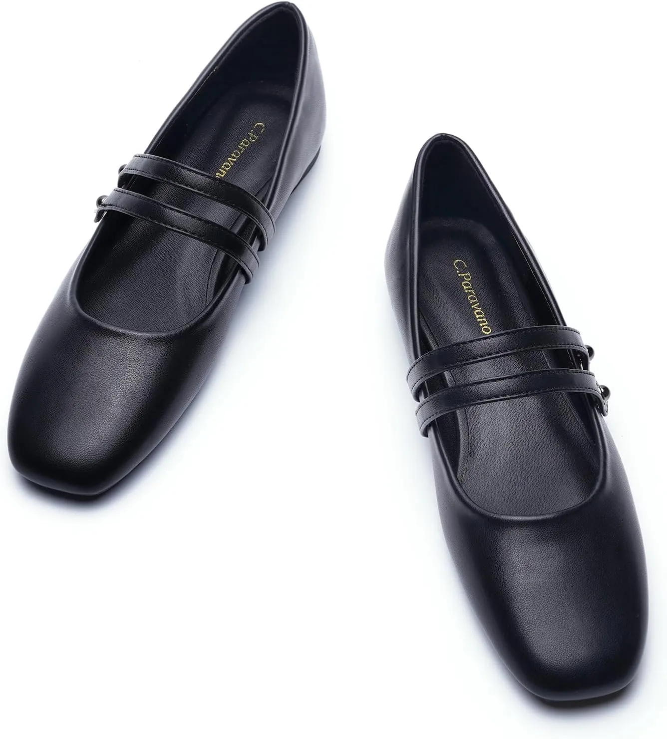 C.Paravano Mary Jane Shoes for Women, Women's Square Toe Flats, Comfort Mary Jane Flats, Slip On Dressy Ballet Flat, Leather Walking Shoes for Casual Work Office & Business (Size 9,Black)
