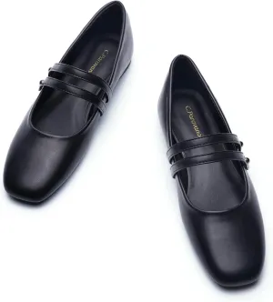 C.Paravano Mary Jane Shoes for Women, Women's Square Toe Flats, Comfort Mary Jane Flats, Slip On Dressy Ballet Flat, Leather Walking Shoes for Casual Work Office & Business (Size 9,Black)
