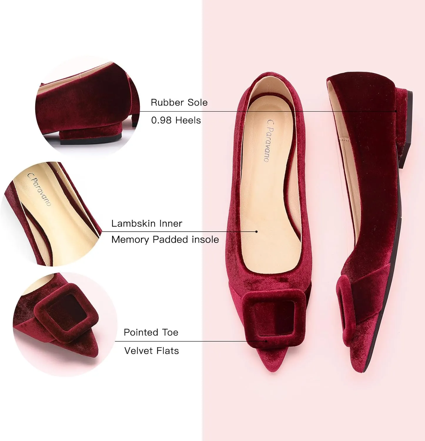 C.Paravano Women's Flats Velvet Pointed Toe Flats Slip-On Casual Work Shoes for Daily Wear Comfortable Stylish Ballet Flats