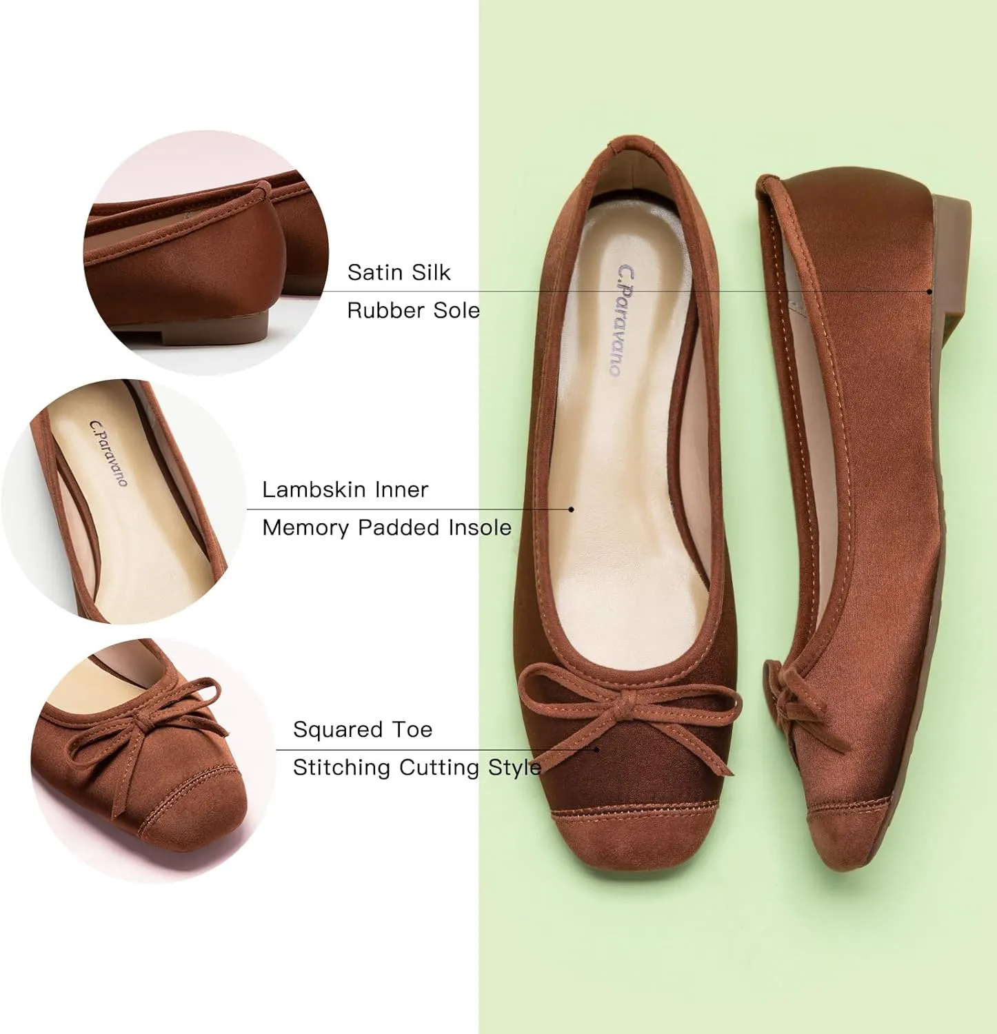 C.Paravano Women's Flats with Bowknot | Casual Slip On Dress Shoes | Comfortable Square Toe Shoes | Women Ballet Flats for Wedding Work Office Business
