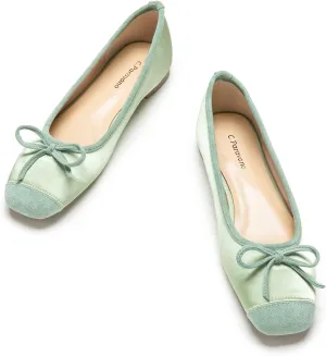 C.Paravano Women's Flats with Bowknot | Casual Slip On Dressy Shoes | Comfort Square Toe Green Shoes | Women Ballet Flats for Wedding Work Office Business(Size 11.5,Light Green)