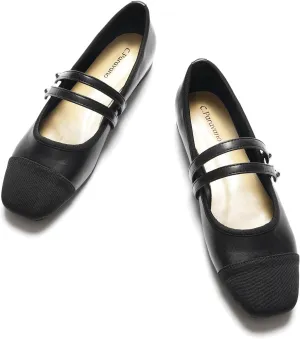 C.Paravano Womens Mary Jane Flats Closed Square Toe Mary Jane Shoes for Women Double Strap Dressy Work Shoes Slip on Ballet Flats Mary Janes for Casual Wedding
