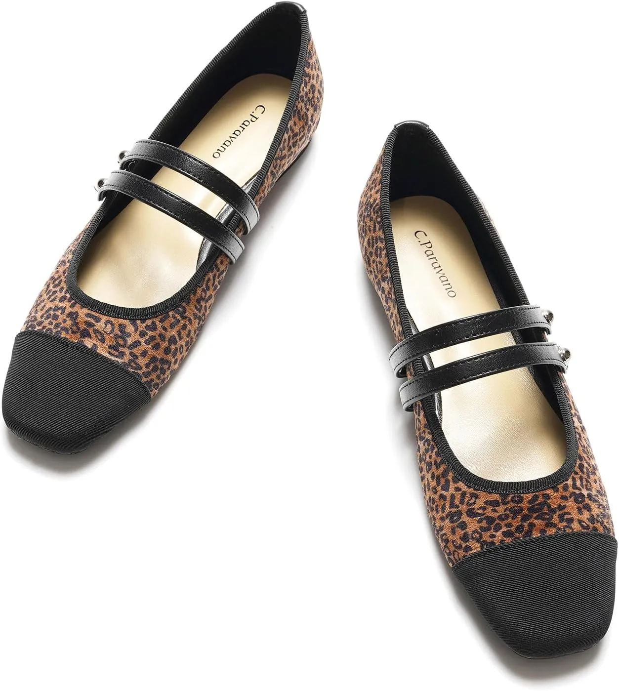 C.Paravano Womens Mary Jane Flats Closed Square Toe Mary Jane Shoes for Women Double Strap Dressy Work Shoes Slip on Ballet Flats Mary Janes for Casual Wedding