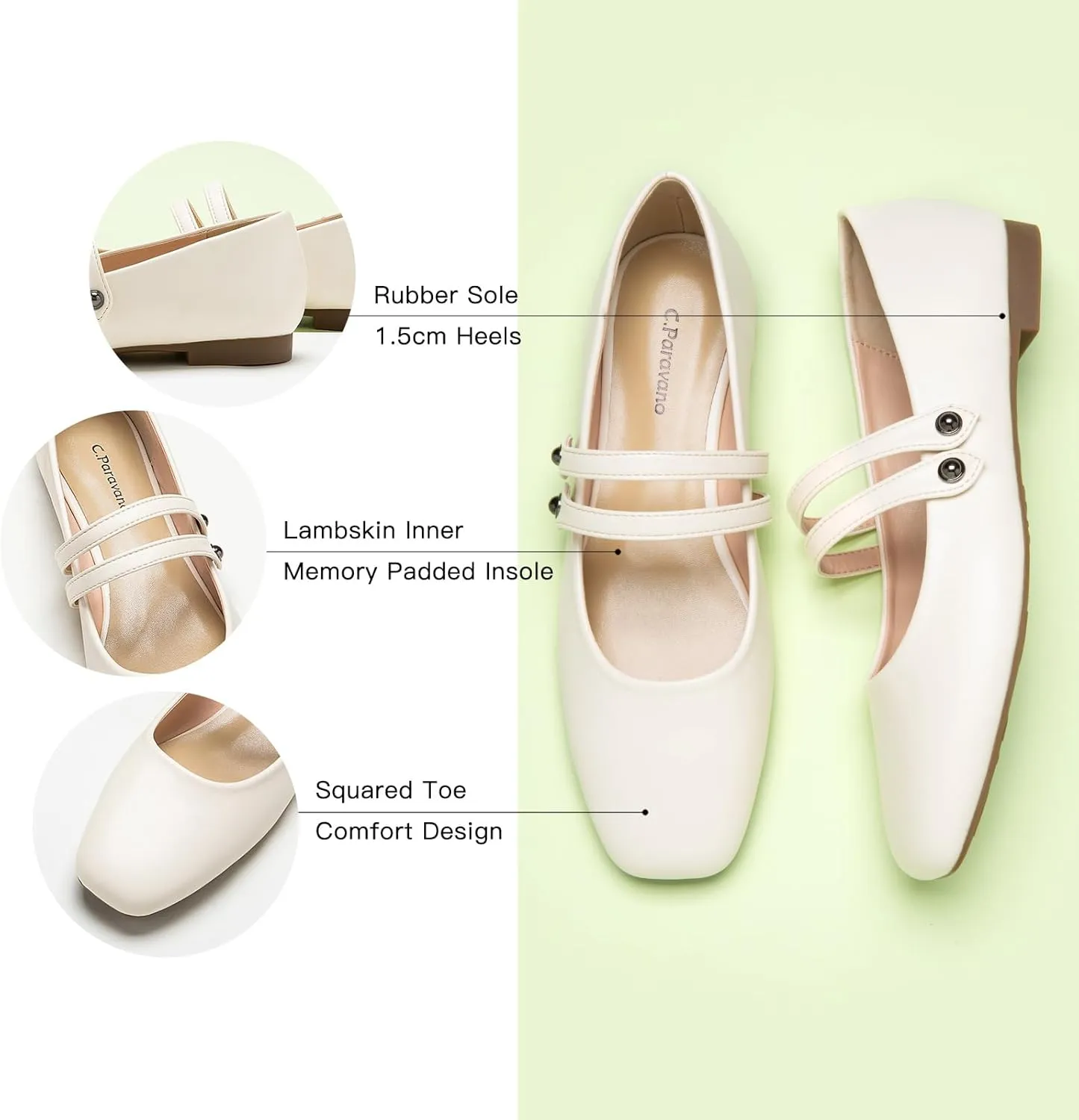 C.Paravano Women's Mary Jane Flats | Closed Toe Mary Jane Shoes for Women | Slip On Mary Janes Ballet Flats | Dress Strap Shoes for Casual Work Office & Wedding Business