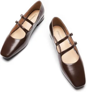 C.Paravano Women's Mary Jane Flats for Women| Square Toe Ballet Flats with Double Straps|Vintage-Inspired Dress Shoes for Work, Weddings, Casual Outings(Chocolate,9.5)