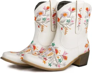 CRYSIGNE Women Flower Embroidered Ankle Cowgirl Boots Square Toe Western Boots Chunky Heel Pull On Short Boots