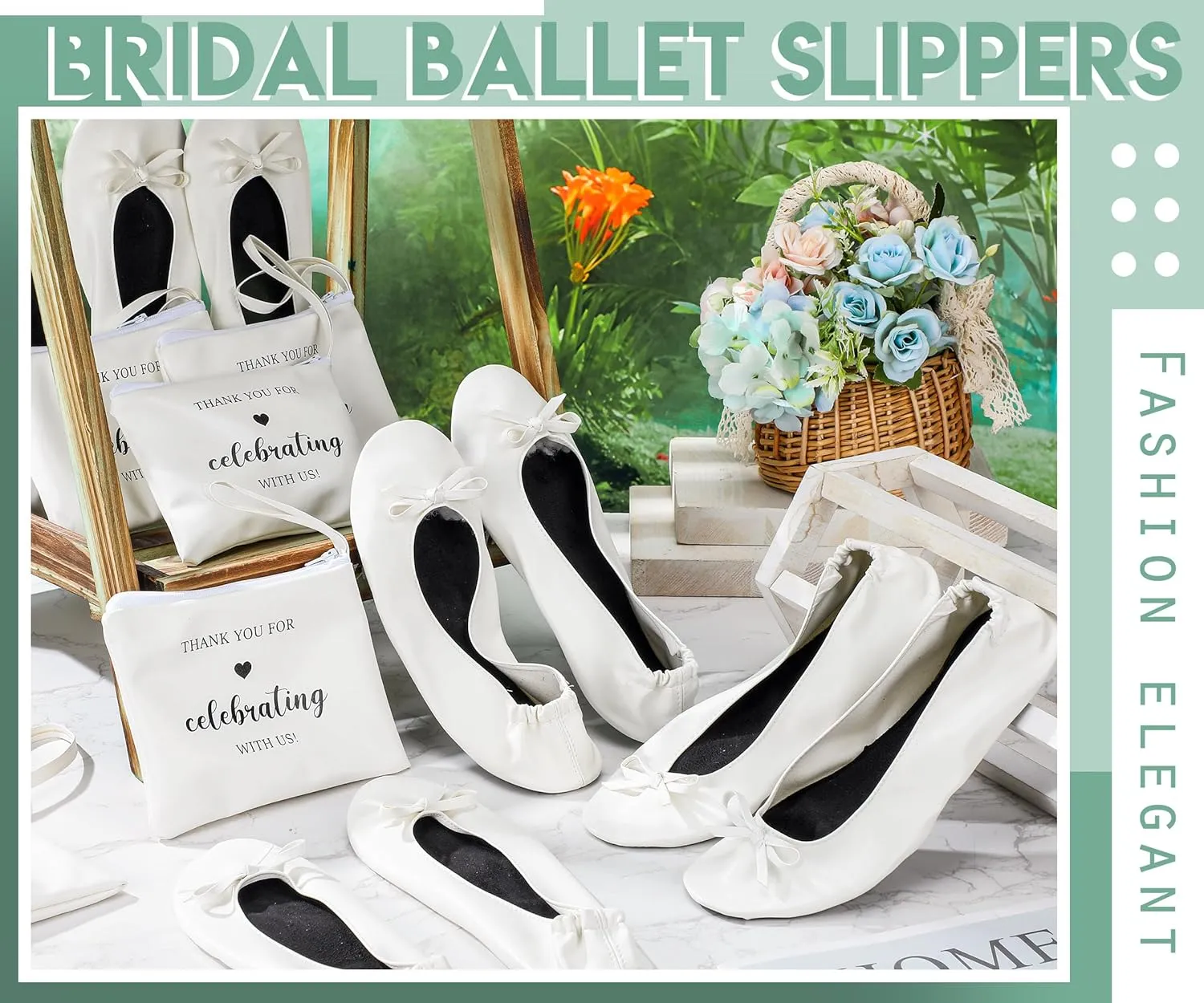 Cuffbow 6 Pairs Wedding Foldable Flats Ballet Dancing Shoes for Purse Rollable Ballerina Slippers Shoes Bulk Bride Bridesmaids Guests