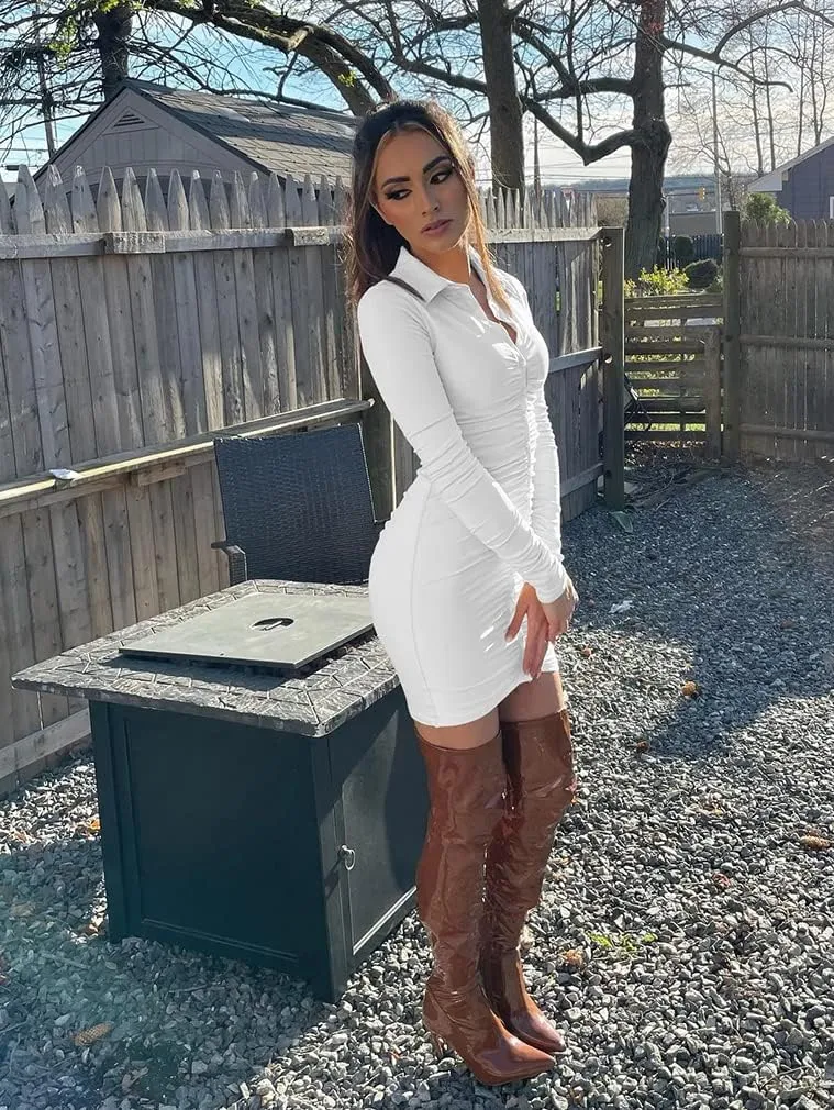 DAAWENXI Women's Sexy Long Sleeve Ruched Button Down Front Mini Shirts Dress