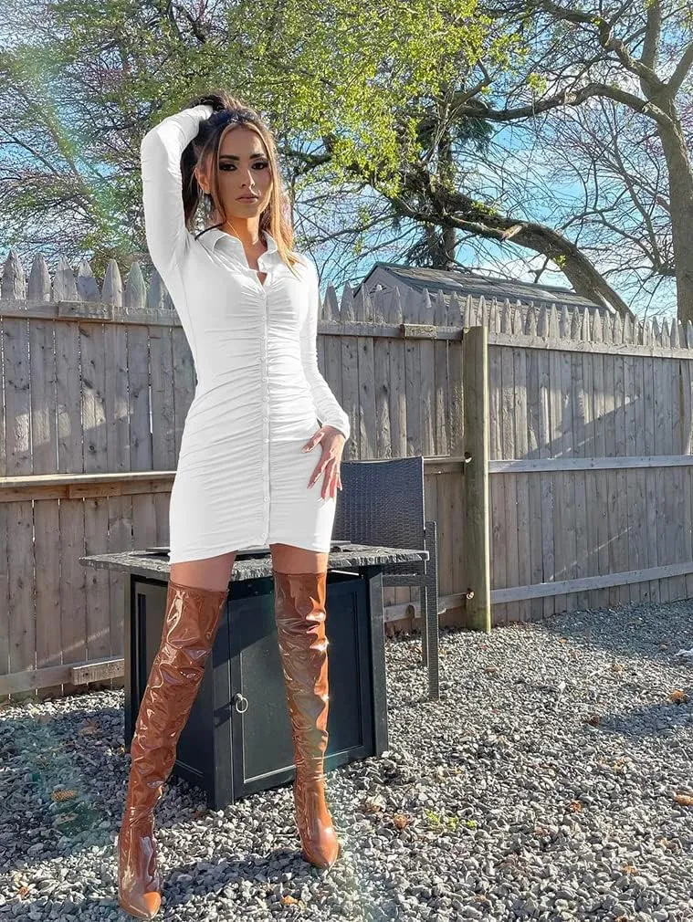 DAAWENXI Women's Sexy Long Sleeve Ruched Button Down Front Mini Shirts Dress