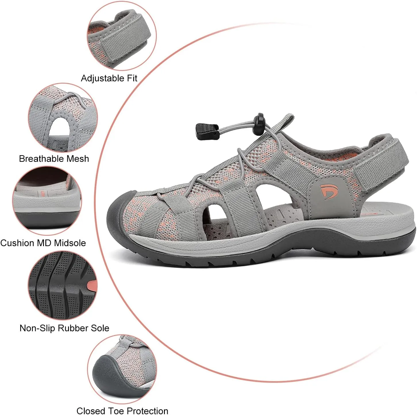 Dannto Women's Sport Sandals Close Toe Mesh Hiking Outdoor Athletic Casual Walking Sandals Water Shoes