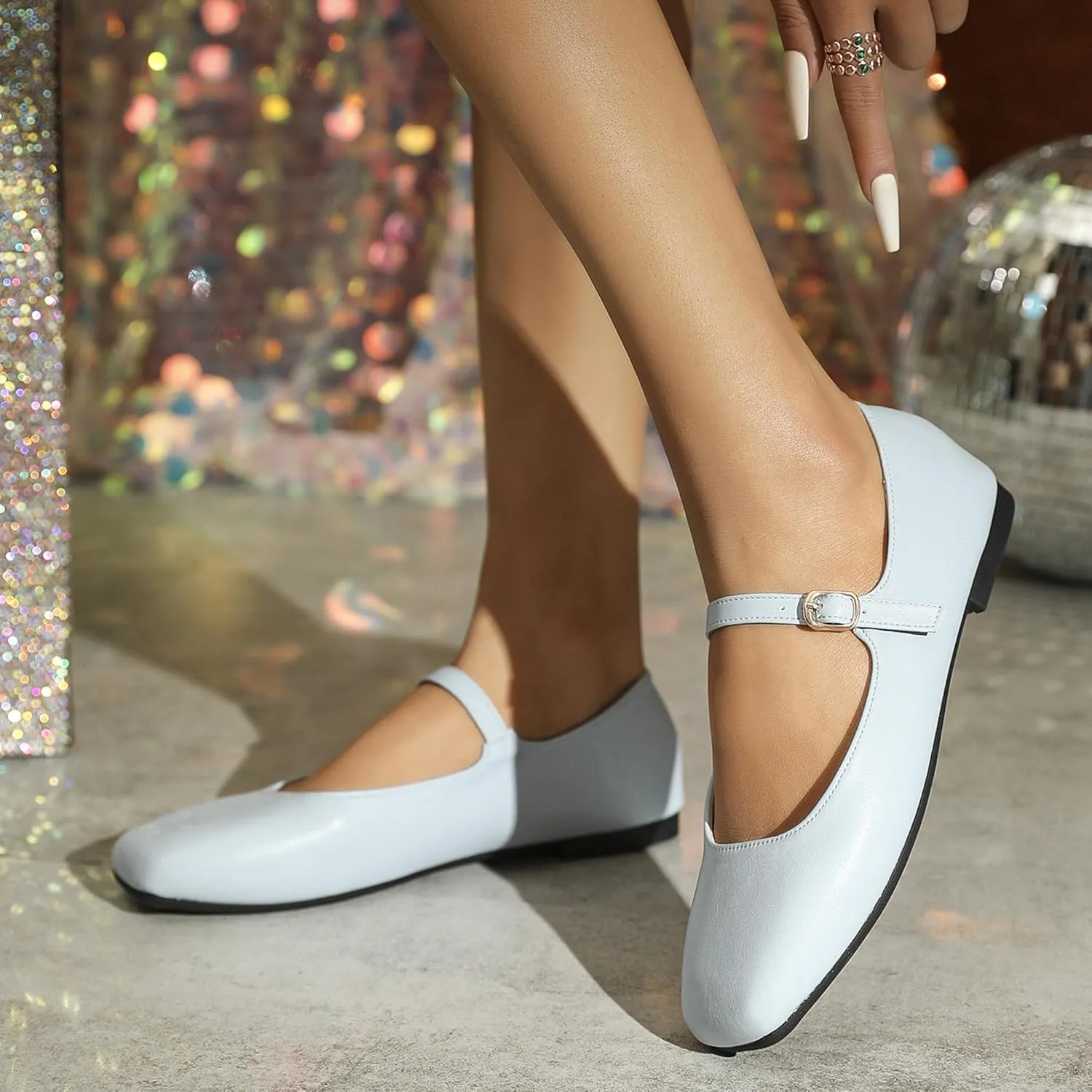 Dear Time Mary Jane Flats for Women Elegant Ballet Flats Strap Shoes Dressy Square Toe Flats Shoes