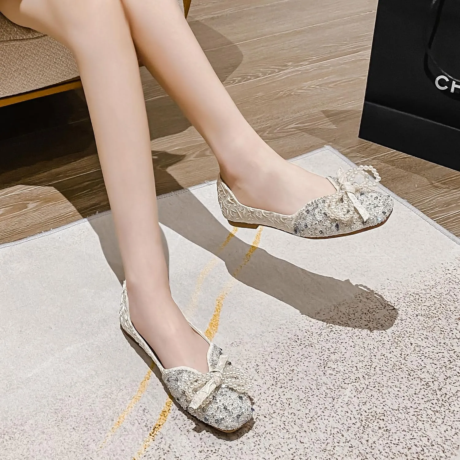 Dear Time Women's Pearl Bow Flats Rhinestones Wedding Ballet Flats Elegant Dressy Sparkly Shoes