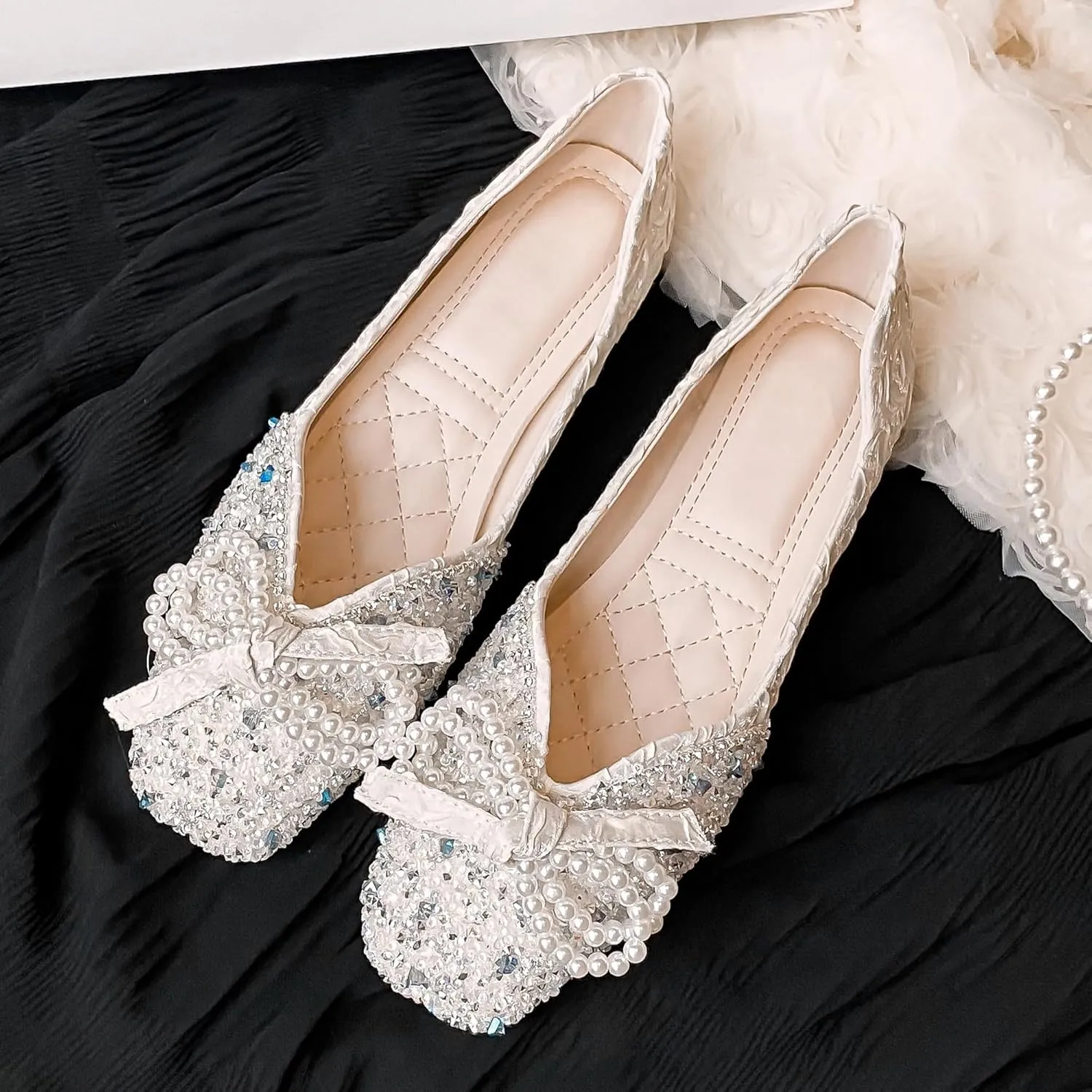 Dear Time Women's Pearl Bow Flats Rhinestones Wedding Ballet Flats Elegant Dressy Sparkly Shoes