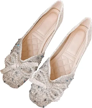 Dear Time Women's Pearl Bow Flats Rhinestones Wedding Ballet Flats Elegant Dressy Sparkly Shoes