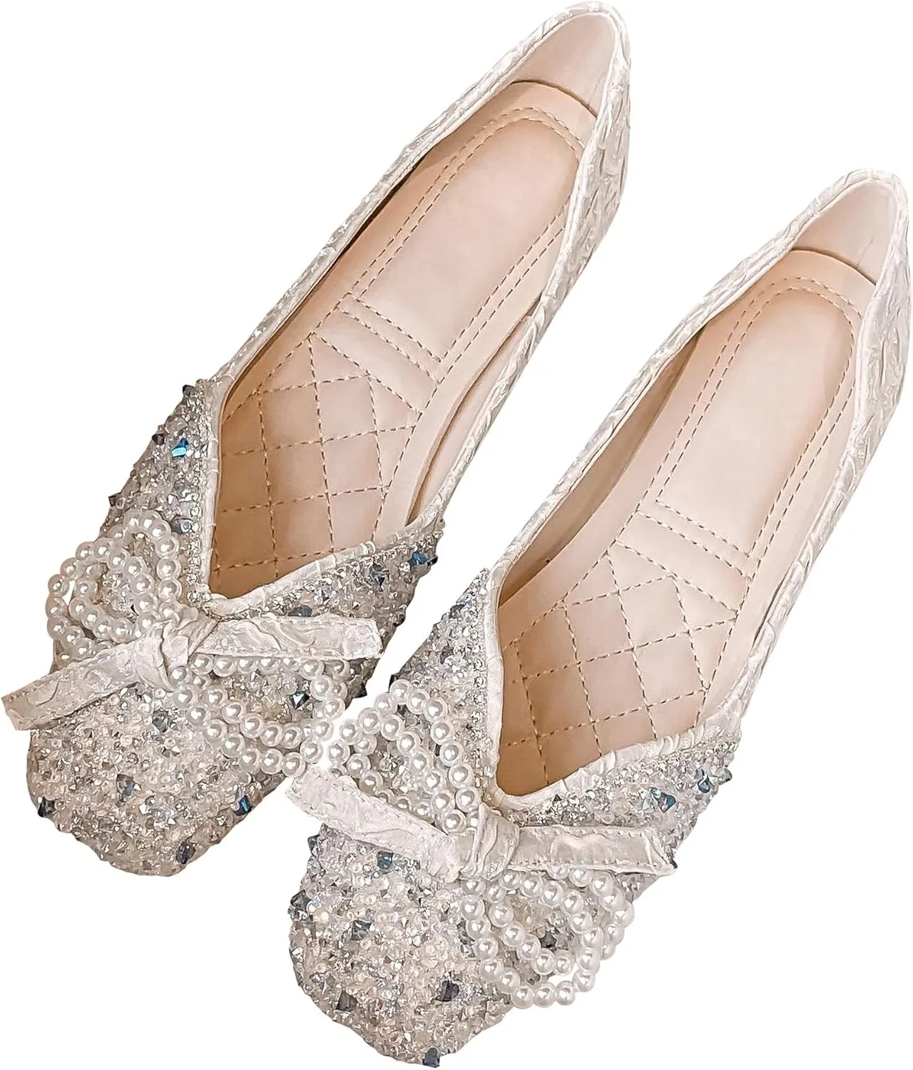 Dear Time Women's Pearl Bow Flats Rhinestones Wedding Ballet Flats Elegant Dressy Sparkly Shoes