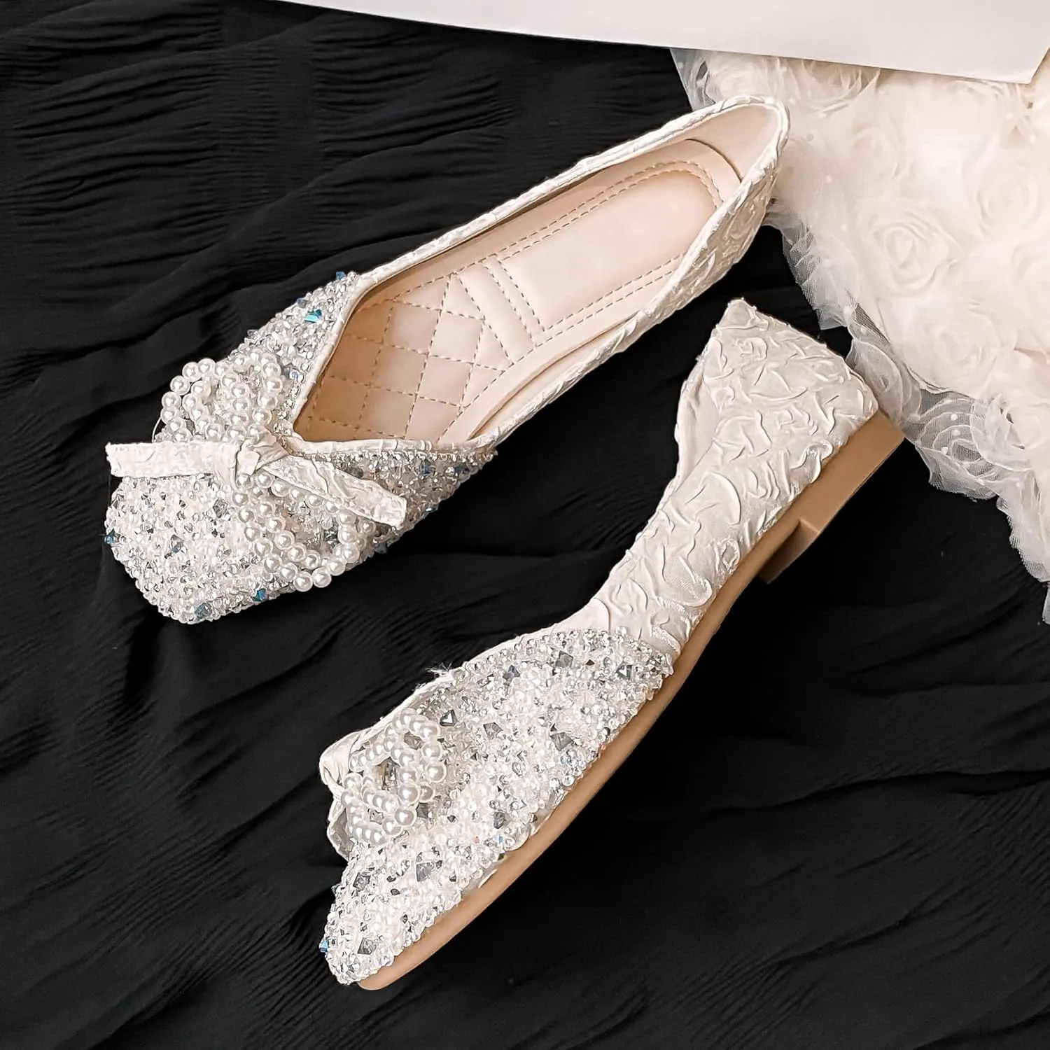 Dear Time Women's Pearl Bow Flats Rhinestones Wedding Ballet Flats Elegant Dressy Sparkly Shoes