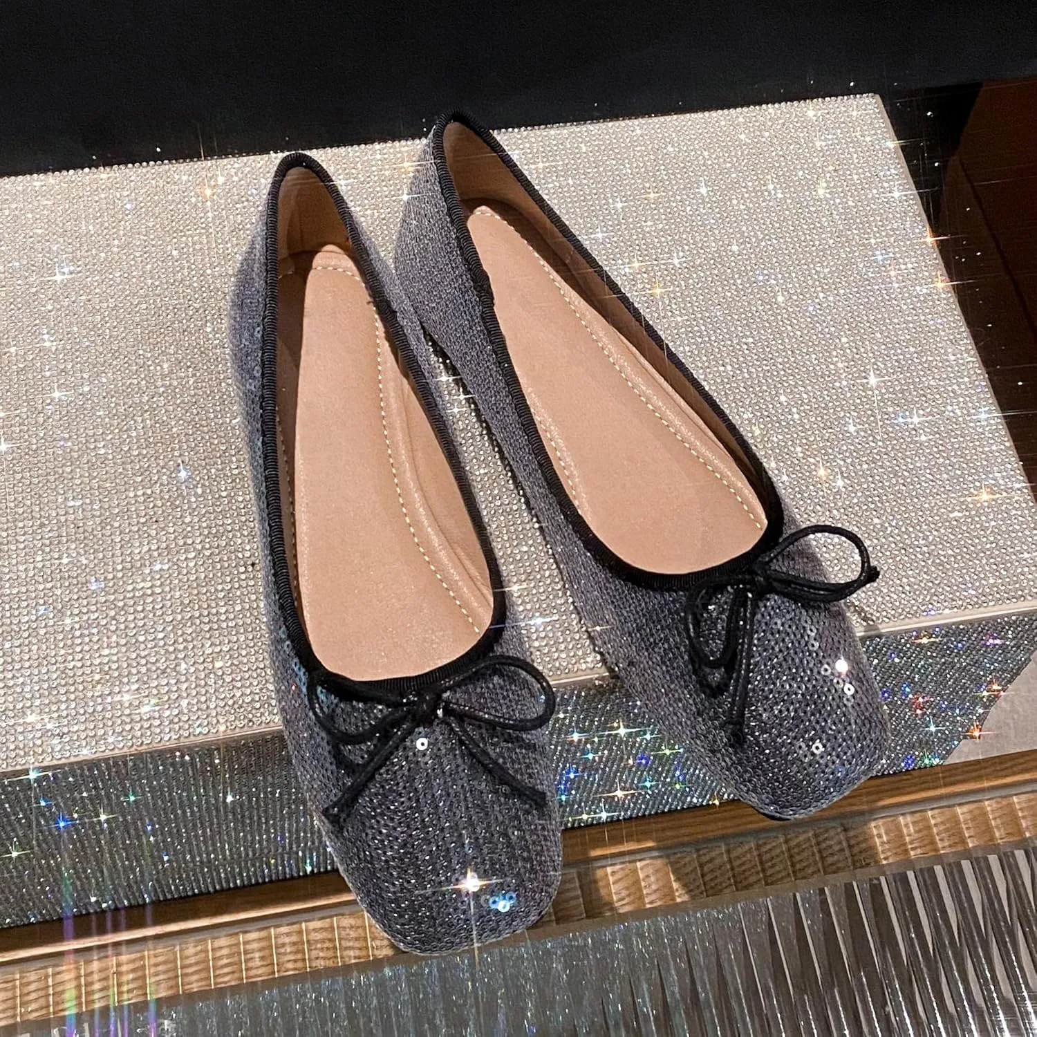 Dear Time Women's Sequin Flats Glitter Shoes Bow Dance Ballets Party Sparkly Flat Dress Shoes