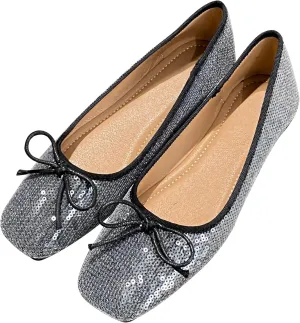 Dear Time Women's Sequin Flats Glitter Shoes Bow Dance Ballets Party Sparkly Flat Dress Shoes