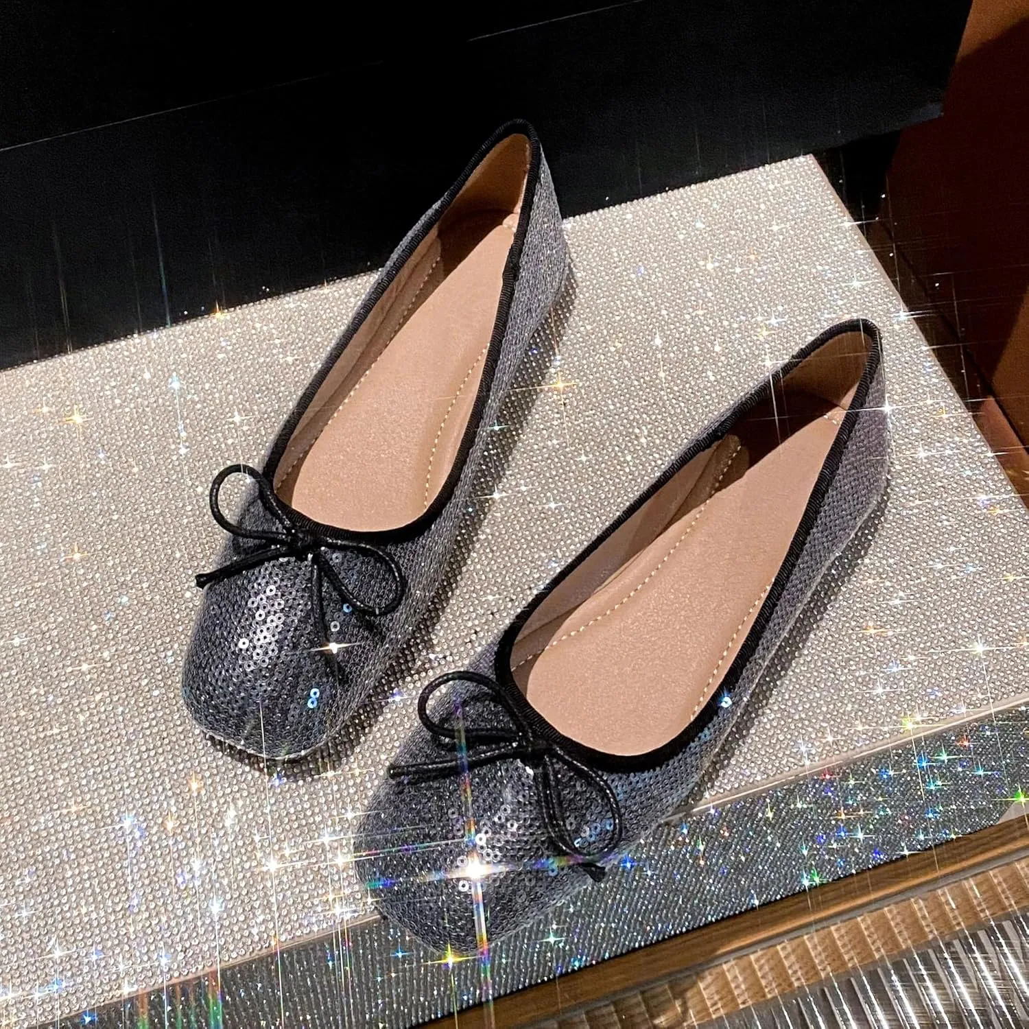 Dear Time Women's Sequin Flats Glitter Shoes Bow Dance Ballets Party Sparkly Flat Dress Shoes