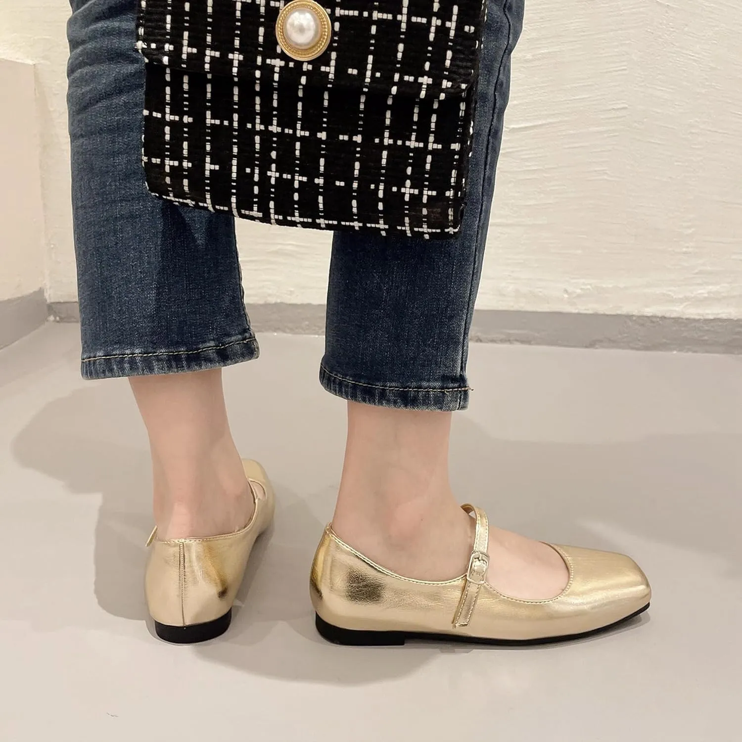 Dear Time Women's Vintage Mary Jane Shoes Ankle Strap Square Toe Flats Uniform Dress Shoes Ballet Flats