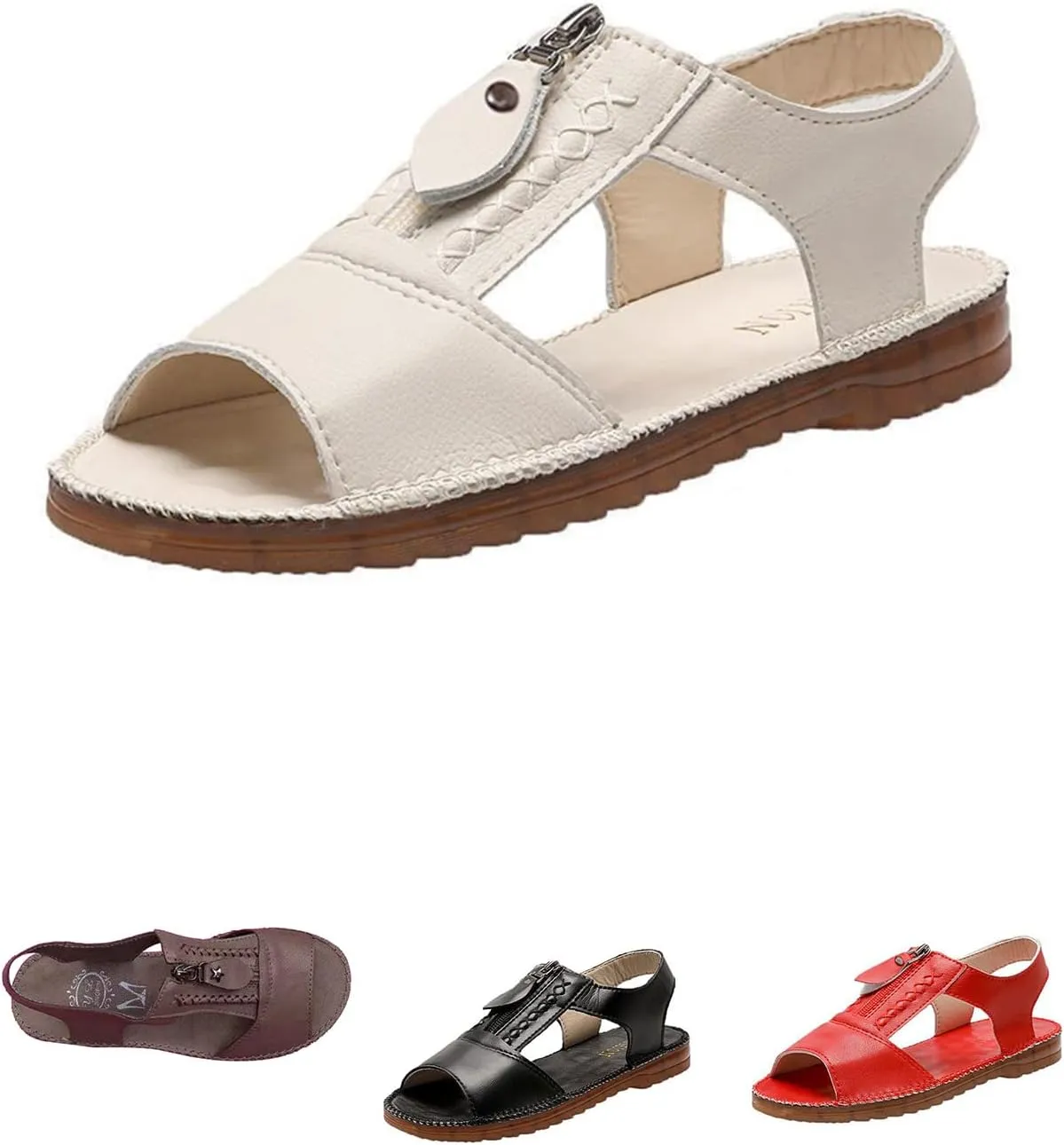 DevilAngel Women's Summer Soft Sole Cowhide Sandals,Zipper Closure Fish Mouth Walking Round Toe Outdoor Beach Flat Shoes Casual