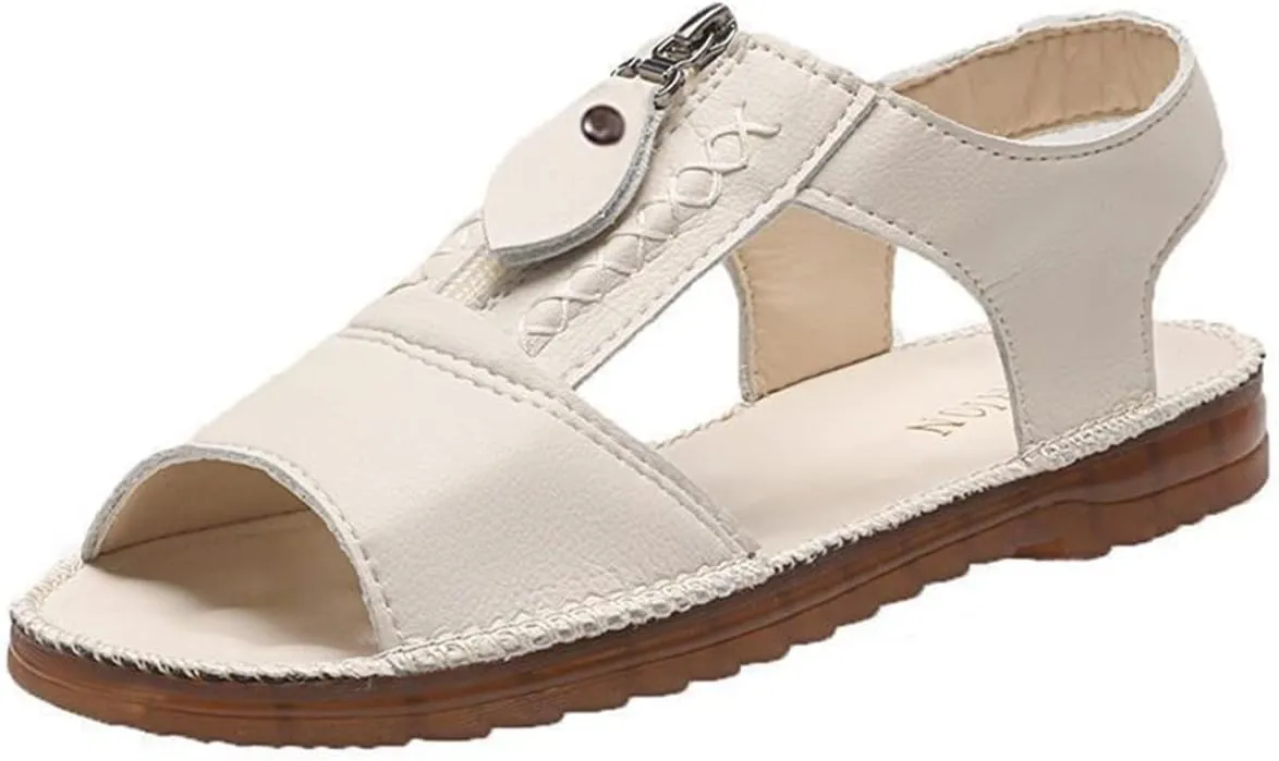 DevilAngel Women's Summer Soft Sole Cowhide Sandals,Zipper Closure Fish Mouth Walking Round Toe Outdoor Beach Flat Shoes Casual