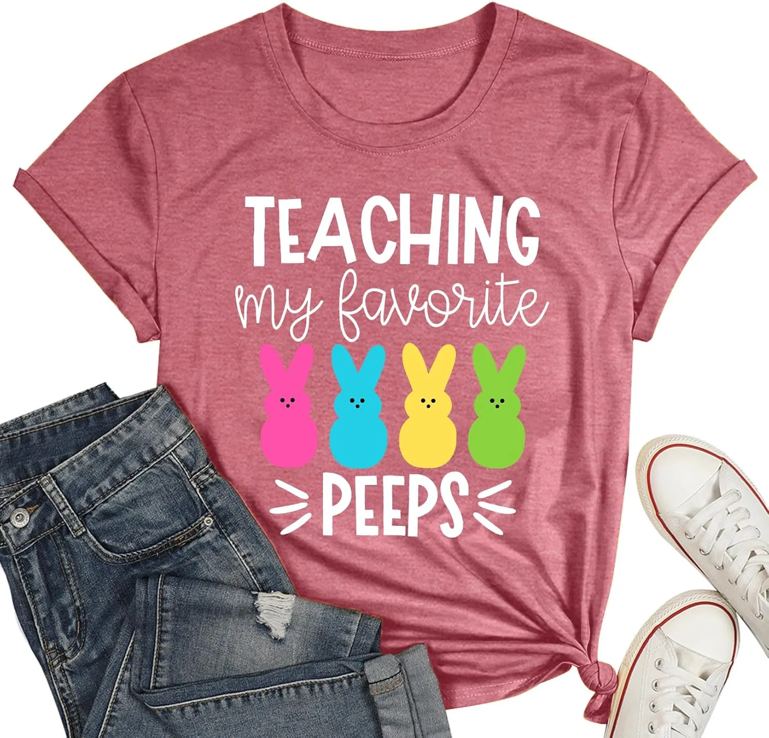 Easter Teacher T-Shirt for Women Teaching My Favorite Peeps Shirt Funny Bunny Rabbit Graphic Tee Tops