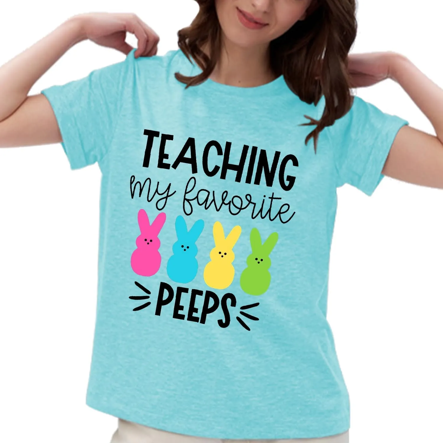 Easter Teacher T-Shirt for Women Teaching My Favorite Peeps Shirt Funny Bunny Rabbit Graphic Tee Tops