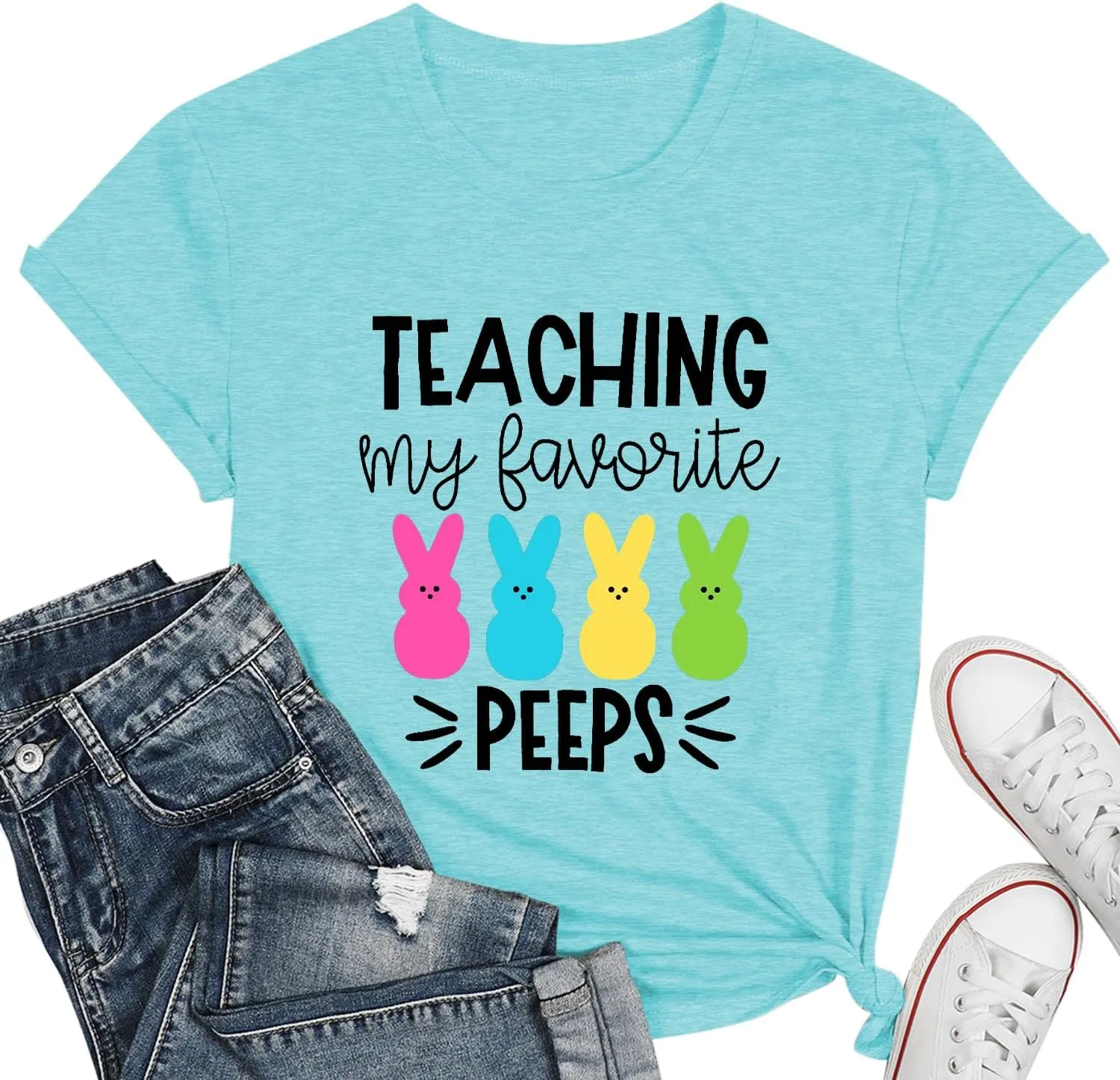 Easter Teacher T-Shirt for Women Teaching My Favorite Peeps Shirt Funny Bunny Rabbit Graphic Tee Tops