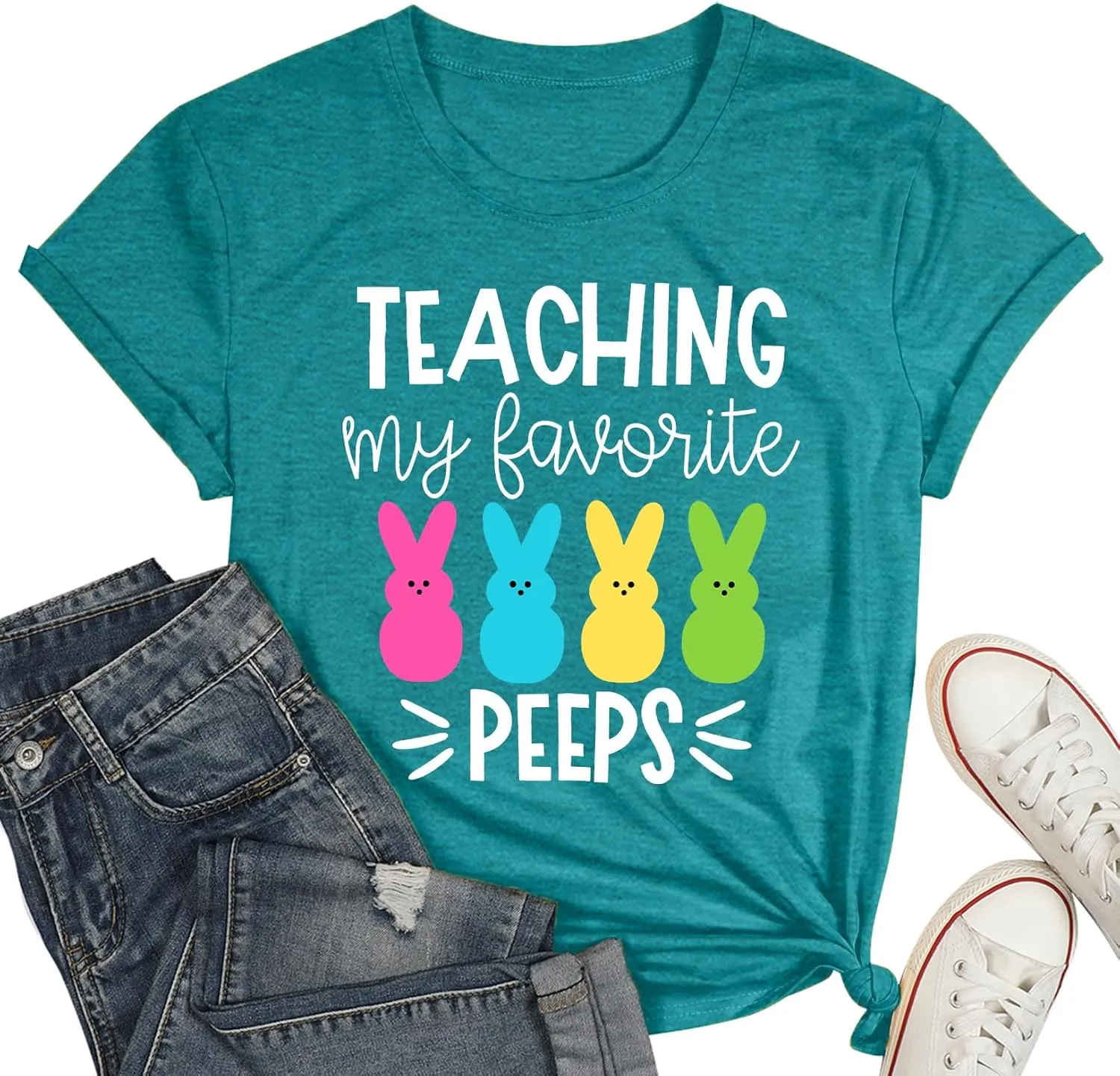Easter Teacher T-Shirt for Women Teaching My Favorite Peeps Shirt Funny Bunny Rabbit Graphic Tee Tops