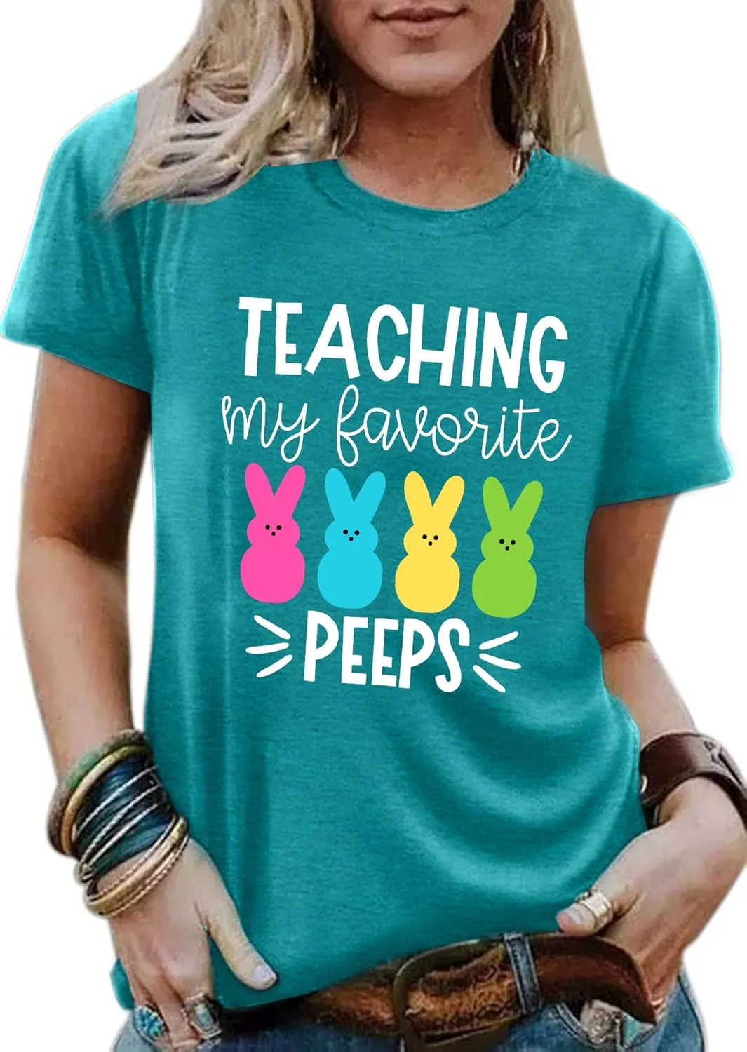 Easter Teacher T-Shirt for Women Teaching My Favorite Peeps Shirt Funny Bunny Rabbit Graphic Tee Tops