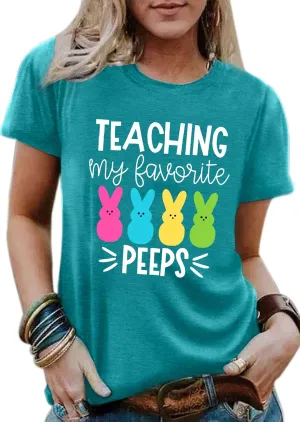Easter Teacher T-Shirt for Women Teaching My Favorite Peeps Shirt Funny Bunny Rabbit Graphic Tee Tops
