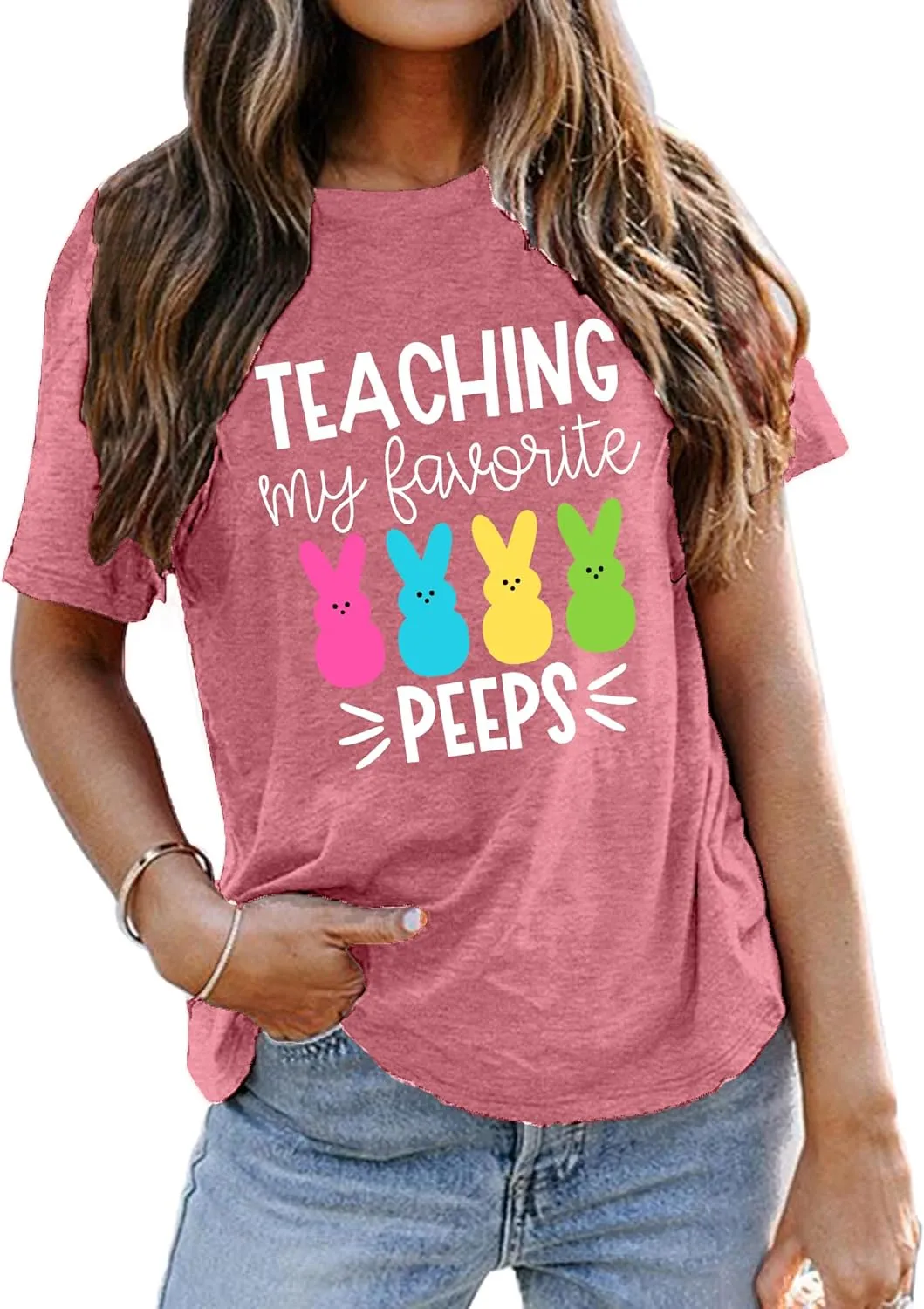 Easter Teacher T-Shirt for Women Teaching My Favorite Peeps Shirt Funny Bunny Rabbit Graphic Tee Tops