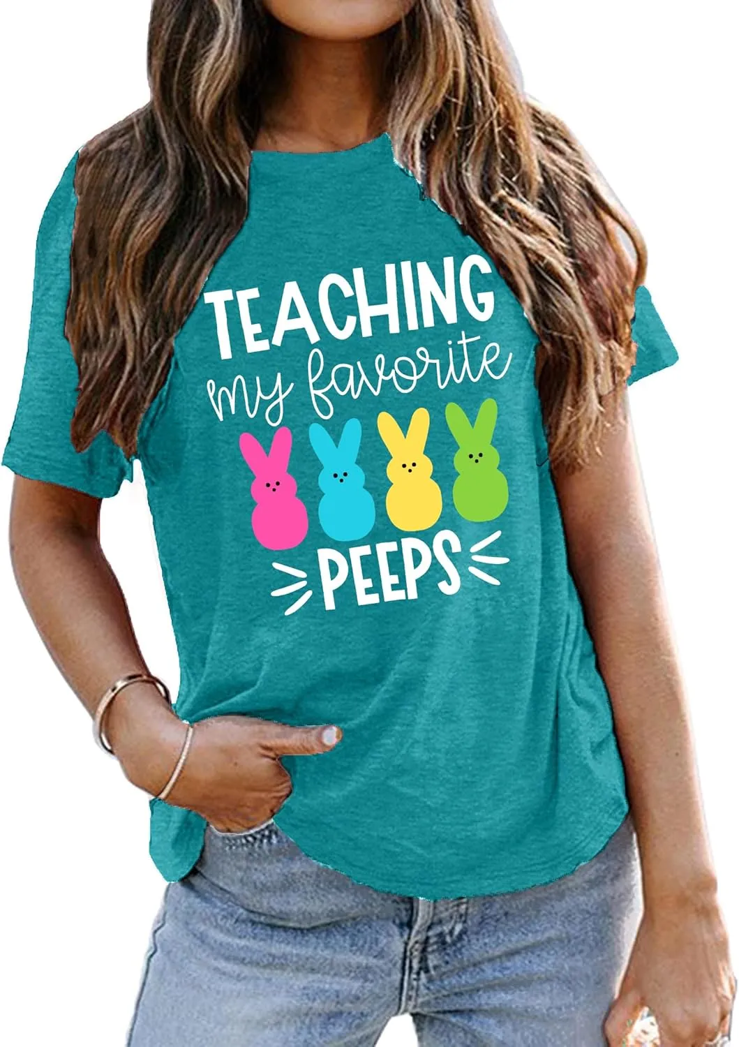 Easter Teacher T-Shirt for Women Teaching My Favorite Peeps Shirt Funny Bunny Rabbit Graphic Tee Tops