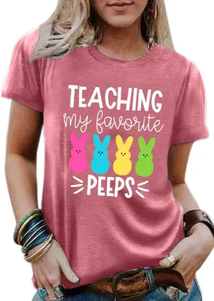 Easter Teacher T-Shirt for Women Teaching My Favorite Peeps Shirt Funny Bunny Rabbit Graphic Tee Tops