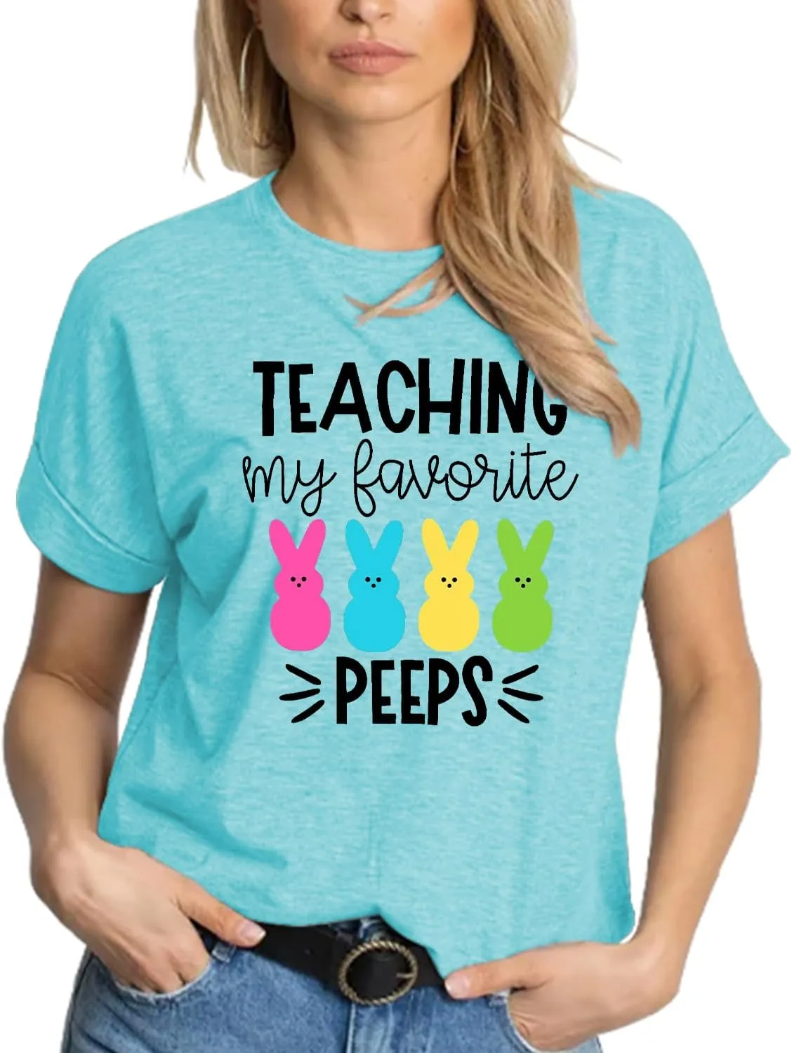 Easter Teacher T-Shirt for Women Teaching My Favorite Peeps Shirt Funny Bunny Rabbit Graphic Tee Tops