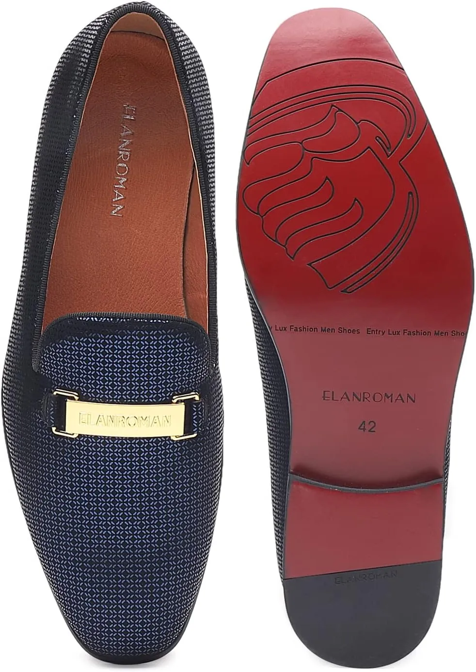 ELANROMAN Men's Gold Buckle Loafers Fashion Pull-on Penny Party Wedding Shoes