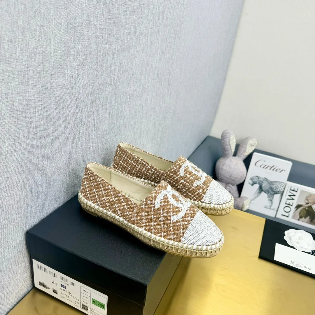 espadrilles brown tweed white sequin
