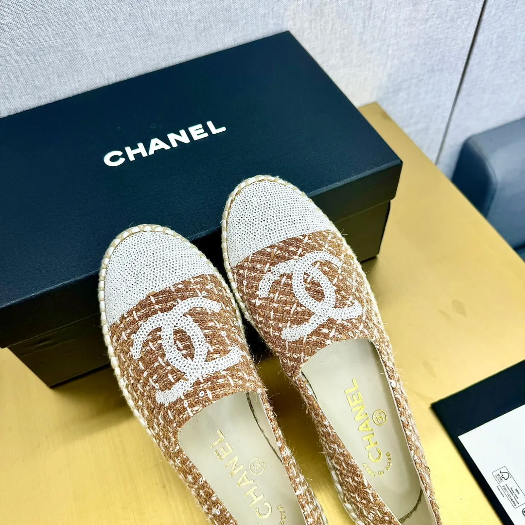 espadrilles brown tweed white sequin