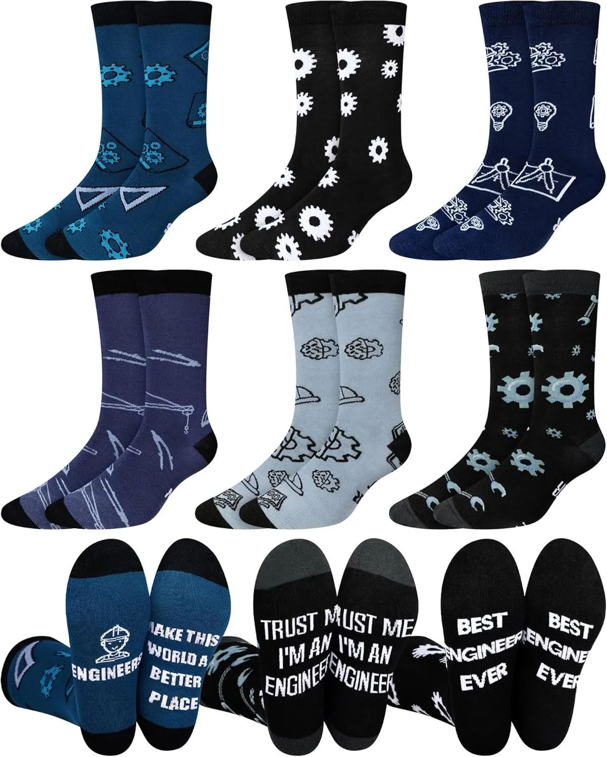 Eurzom 6 Pairs Men's Funny Engineer Socks Crew Dress Socks with Novelty Saying Gift for Mechanical Engineering Students Father Grandpa