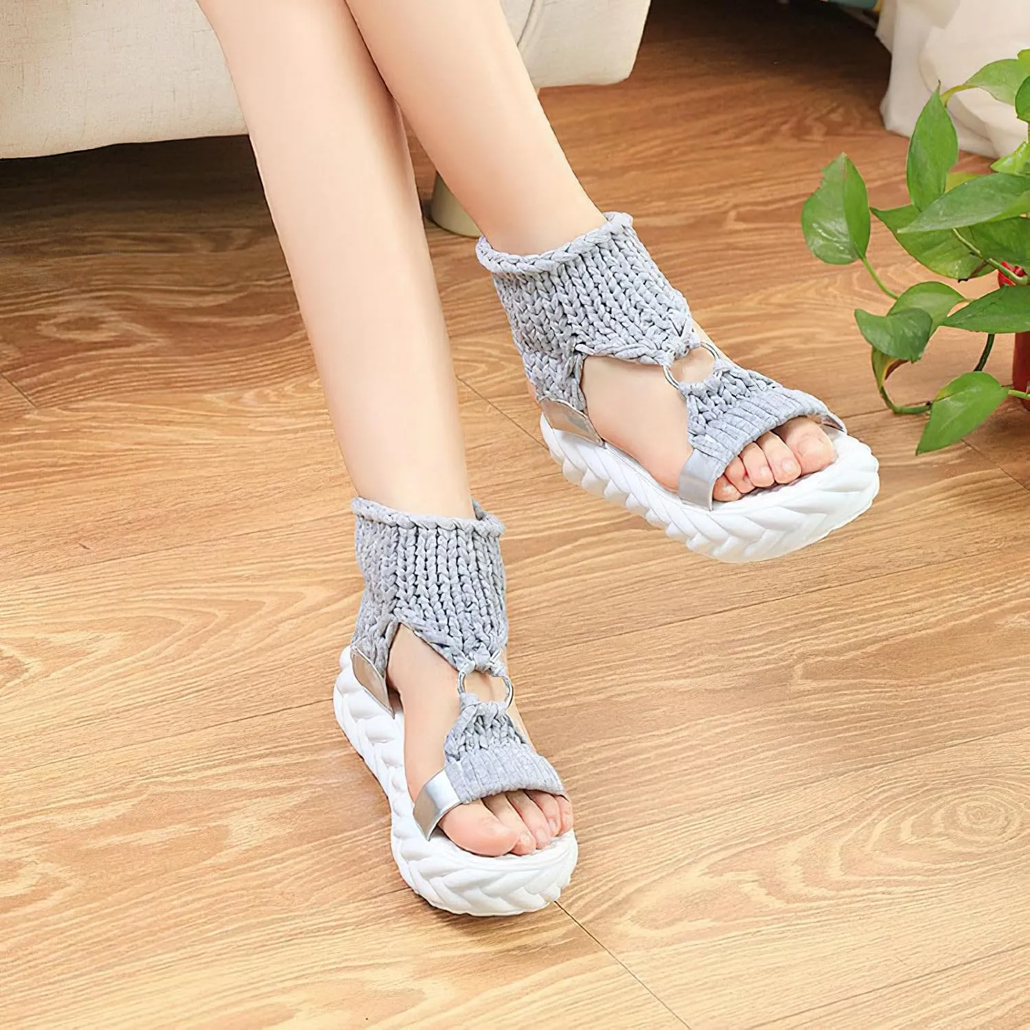 Exusiai Women's Crochet Platform Sandals - Comfy Wool Open Toe Casual Chunky Shoes Fashion Summer Beach Sandals