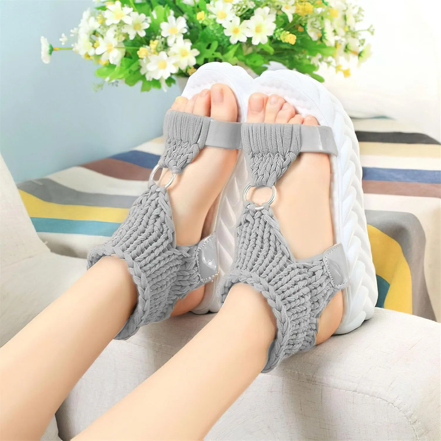 Exusiai Women's Crochet Platform Sandals - Comfy Wool Open Toe Casual Chunky Shoes Fashion Summer Beach Sandals